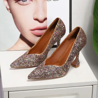 Scintillantes Marron Soirée Paillettes Escarpins 2020 Cuir 10 Cm Talons Aiguilles À Bout Pointu Escarpins