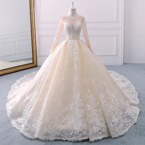 Snygga Fina Champagne Bröllopsklänningar 2018 Balklänning Spets Appliqués Beading Rhinestone Paljetter Urringning Långärmad Cathedral Train Bröllop