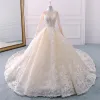 Chic / Beautiful Champagne Wedding Dresses 2018 Ball Gown Lace Appliques Beading Rhinestone Sequins Scoop Neck Long Sleeve Cathedral Train Wedding