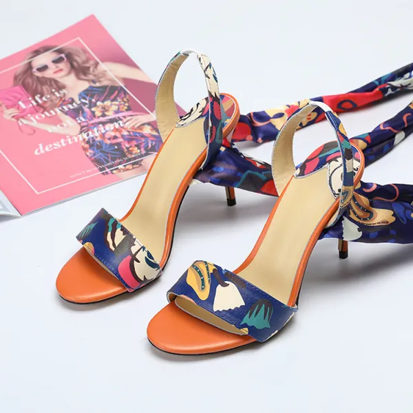Chic / Beautiful Multi-Colors Street Wear Floral Womens Sandals 2020 Leather Ankle Strap 10 cm Stiletto Heels Open / Peep Toe Sandals