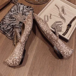 Charmant Champagner Silber Perle Flache Brautschuhe 2020 Strass Spitzschuh Hochzeit