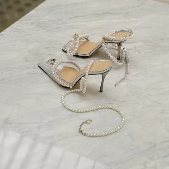 Sexy Silver Evening Party Rhinestone Womens Sandals 2020 Pearl Ankle Strap 9 Cm Stiletto Heels Pointed Toe Sandals