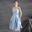 Chic / Beautiful Sky Blue Satin Homecoming Graduation Dresses 2021 A-Line / Princess Spaghetti Straps Sleeveless Backless Tea-length Formal Dresses