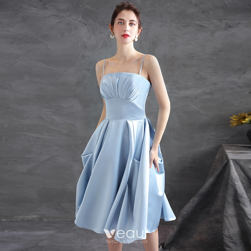 Chic / Beautiful Sky Blue Satin Homecoming Graduation Dresses 2021 A-Line /  Princess Spaghetti Straps Sleeveless Backless Tea-length Formal Dresses