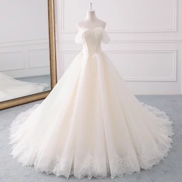 Schöne Champagner Brautkleider 2018 Ballkleid Perlenstickerei Pailletten Mit Spitze Off Shoulder Rückenfreies Ärmellos Königliche Schleppe Hochzeit