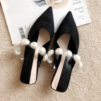 Chic Belle Noire Perle Rendez Vous Sandales Femme 2020 Daim 6 Cm Talons Aiguilles À Bout Pointu Sandales