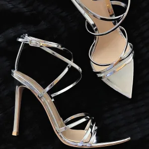 Sexy Silver Summer Rave Club Womens Sandals 2020 Ankle Strap 10 Cm Stiletto Heels Open Peep Toe Sandals