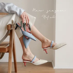 Mooie Prachtige Abrikoos Beige Straatkleding Vlecht Sandalen Dames 2020 Leer 5 Cm Naaldhakken Stiletto Spitse Neus Sandalen