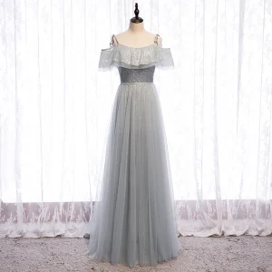 Sparkly Silver Grey Evening Dresses 2020 A Line Princess Spaghetti Straps Sequins Short Sleeve Backless Floor Length Long Formal Dresses