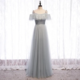 Scintillantes Argenté Gris Robe De Soirée 2020 Princesse Bretelles Spaghetti Paillettes Manches Courtes Dos Nu Longue Robe De Ceremonie