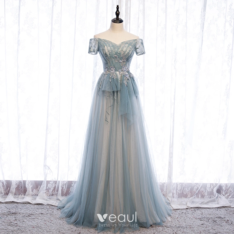 Charming Sky Blue Evening Dresses 2020 A-Line / Princess Beading Pearl Sequins Lace Flower Off-The-Shoulder Backless Floor-Length / Long Formal Dresses Charming Sky Blue Evening Dresses 2020 A-Line / Princess Beading Pearl Sequins Lace Flower Off-The-Shoulder Backless Floor-Length / Long Formal Dresses