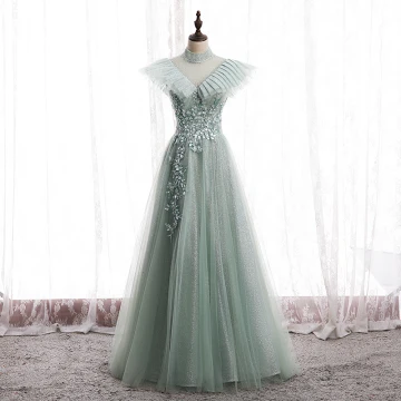Vintage Originale Vert Cendré Robe De Bal Princesse 2020 Encolure Dégagée Perlage Faux Diamant Paillettes Sans Manches Dos Nu Longue Robe De Ceremonie
