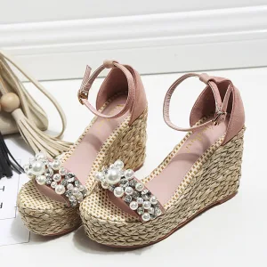 Fashion Blushing Pink Street Wear Summer Braid Womens Sandals 2020 Pearl Ankle Strap Rhinestone 10 Cm Wedges Open Peep Toe Sandals