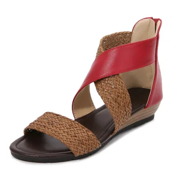 Bohemliv Sommar Röd Stranden Fläta Sandaler Dam 2020 4 Cm Låg Klack Peep Toe Sandaler