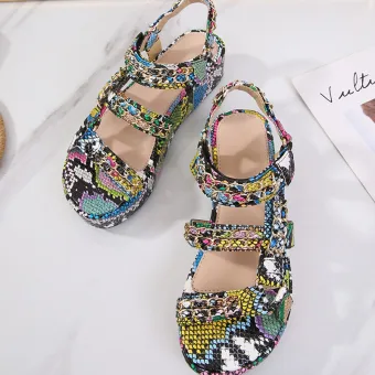 Bohemia Multi Farger Gateklær Sommer Sandaler Dame 2020 5 Cm Platform Peep Toe Sandaler