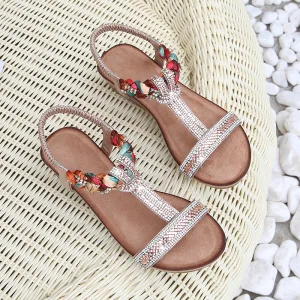 Bohemen Champagne Strand Rhinestone Sandalen Dames 2020 T Strap 4 Cm Sleehakken Lage Hak Peep Toe Sandalen