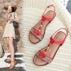 Vintage Bohemen Zomer Rode Strand Sandalen Dames 2020 T Strap 4 Cm Sleehakken Lage Hak Peep Toe Sandalen