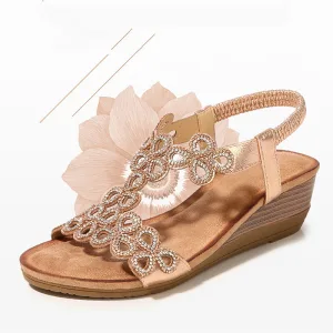 Bohême Champagne Plage Sandales Femme 2020 Faux Diamant 5 Cm Compensées Peep Toes Bout Ouvert Sandales