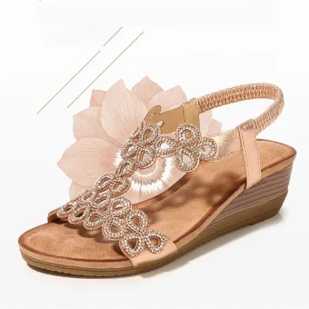 Bohemia Champagne Strand Sandaler Dame 2020 Rhinestone 5 Cm Kilehæl Peep Toe Sandaler