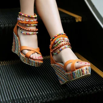 Bohemia Orange Street Wear Summer Womens Sandals 2020 Beading 9 Cm Wedges Open Peep Toe Sandals