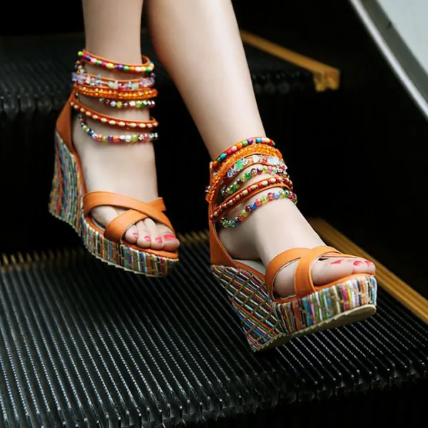 Bohemia Orange Street Wear Summer Womens Sandals 2020 Beading 9 cm Wedges Open / Peep Toe Sandals