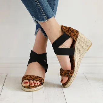 Chic Belle Marron Vêtement De Rue Imprimé Léopard Sandales Femme 2020 8 Cm Compensées Peep Toes Bout Ouvert Sandales