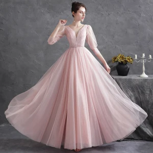 Chic Belle Rougissant Rose Volants Robe De Soirée Robe De Bal 2021 Princesse V Cou 3 4 Manches Dos Nu Ceinture Longue Soirée Robe De Ceremonie