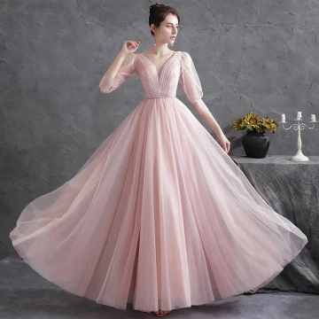 Chic Beautiful Blushing Pink Ruffle Evening Dresses Prom Dresses 2021 A Line Princess V Neck 3 4 Sleeve Backless Sash Floor Length Long Evening Party Formal Dresses