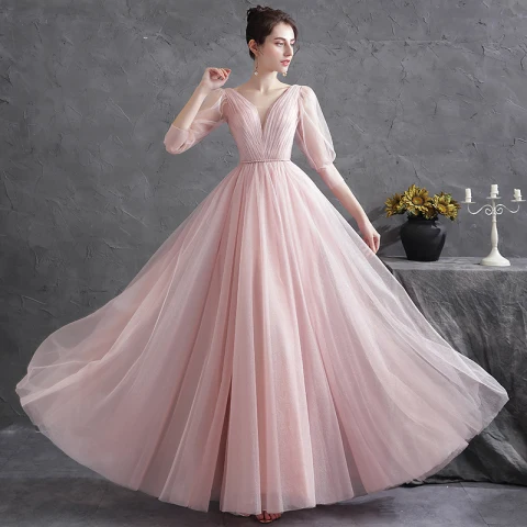 Chic / Belle Rougissant Rose Volants Robe De Soirée Robe De Bal 2021 Princesse V-Cou 3/4 Manches Dos Nu Ceinture Longue Soirée Robe De Ceremonie