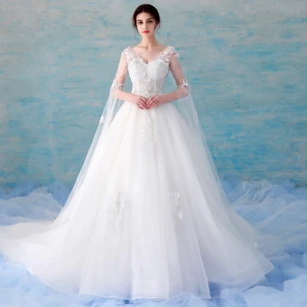Chic Belle Blanche Robe De Mariée 2018 Robe Boule En Dentelle Appliques Perlage Paillettes V Cou Dos Nu 3 4 Manches Cathedral Train Mariage