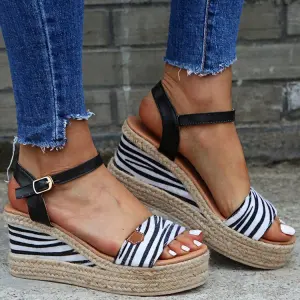 Betaalbare Zwarte Straatkleding Zebrapatroon Sandalen Dames 2020 5 Cm Sleehakken Peep Toe Sandalen