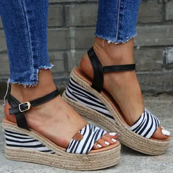 Affordable Black Street Wear Zebra Pattern Womens Sandals 2020 5 Cm Wedges Open Peep Toe Sandals