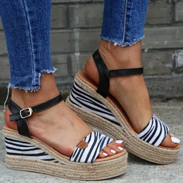 Erschwinglich Schwarz Strassenmode Zebramuster Sandalen Damen 2020 5 Cm Keilabsatz Peeptoes Sandaletten