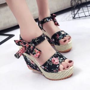 Affordable Outdoor Garden Black Floral Womens Sandals 2020 Bow 11 Cm Wedges Open Peep Toe Sandals