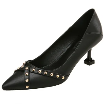 Simple Noire Bureau Ol Escarpins 2020 Cuir Rivet Talons Aiguilles 6 Cm À Bout Pointu Escarpins