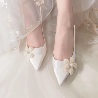 Elegant Ivory Wedding Shoes 2020 Leather Pearl Flower 5 Cm Stiletto Heels Pointed Toe Wedding Pumps