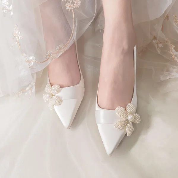 Elegante Ivory / Creme Brautschuhe 2020 Leder Perle Blumen 5 cm Stilettos Spitzschuh Hochzeit Pumps