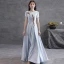 Modest  Grey Crystal Rhinestone Satin Evening Dresses  2021 A-Line / Princess Scoop Neck Short Sleeve Floor-Length / Long Evening Party Formal Dresses