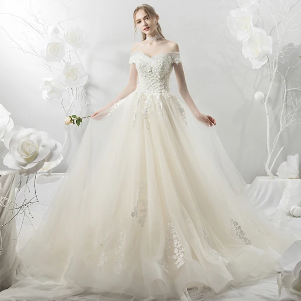 Elegant Champagne Wedding Dresses 2018 Ball Gown Lace Appliques Beading Pearl Off-The-Shoulder Backless Short Sleeve Cathedral Train Wedding
