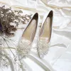 Elegante Ivory / Creme Satin Perle Brautschuhe 2020 Leder 5 cm Stilettos Spitzschuh Hochzeit Pumps