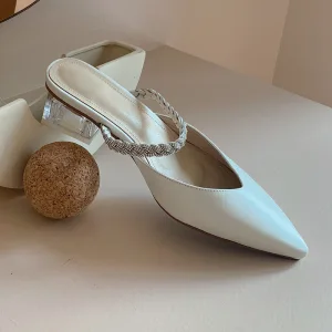 Modest Simple White Casual Leather Womens Sandals 2020 Rhinestone 4 Cm Low Heel Pointed Toe Sandals