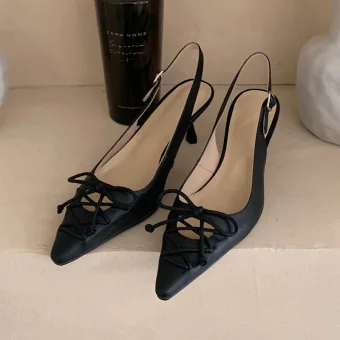 Chic Beautiful Black Slingbacks Street Wear Leather Womens Sandals 2020 5 Cm Stiletto Heels Pointed Toe Sandals