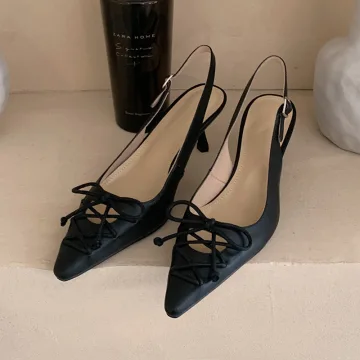 Chic Belle Noire Slingbacks Vêtement De Rue Cuir Sandales Femme 2020 5 Cm Talons Aiguilles À Bout Pointu Sandales