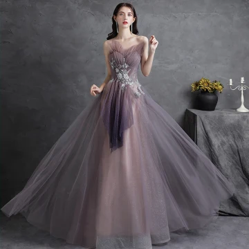 Charmant Violet En Dentelle Fleur Robe De Soirée Robe De Bal 2021 Princesse Volants Bustier Paillettes Sans Manches Dos Nu Longue Soirée Promo Robe De Ceremonie