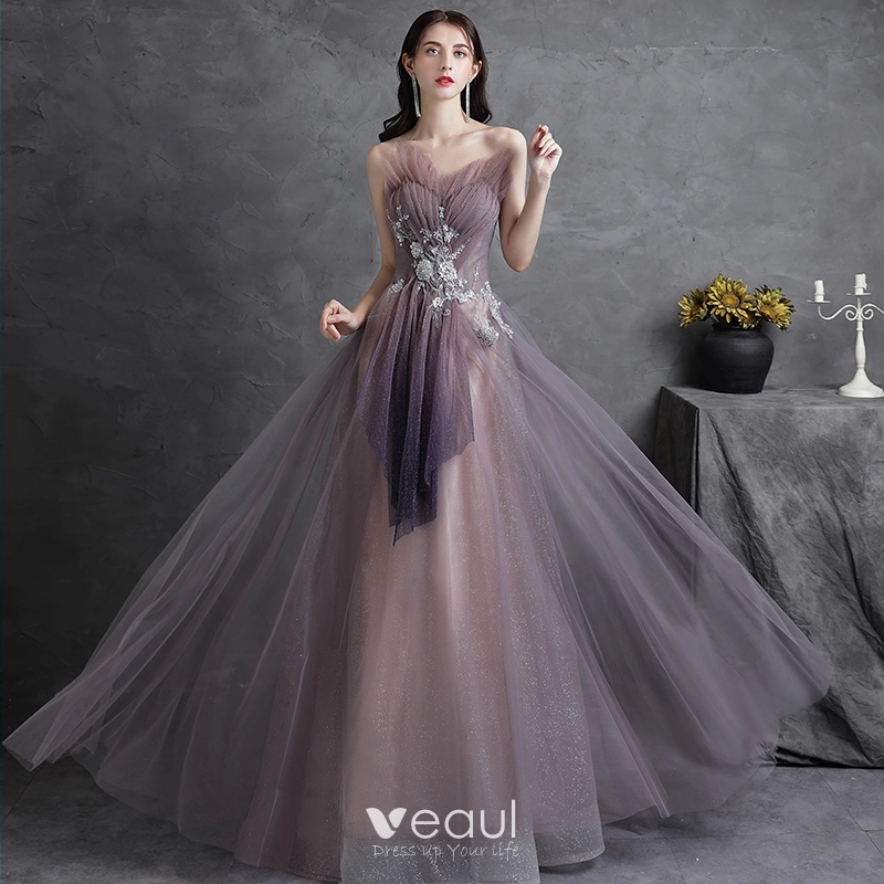 Charming Purple Lace Flower Evening Dresses Prom Dresses 2021 A-Line /  Princess Ruffle Strapless Sequins Sleeveless Backless Floor-Length / Long  Evening Party Prom Formal Dresses