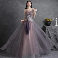 Encantador Morado Con Encaje Flor Vestidos de noche Vestidos de gala 2021 A-Line / Princess Ruffle Sin Tirantes Lentejuelas Sin Mangas Sin Espalda Largos Noche Gala Vestidos Formales