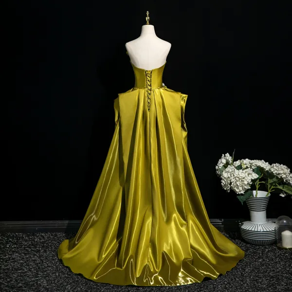 Fashion Clover Green Evening Dresses 2025 A-Line / Princess Strapless Sleeveless Backless Sweep Train Evening Party Formal Dresses