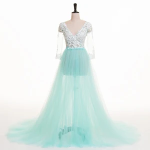 Chic Belle Bleu Été Robe De Soirée 2018 Princesse Percé En Dentelle Appliques V Cou 3 4 Manches Train De Balayage Robe De Ceremonie