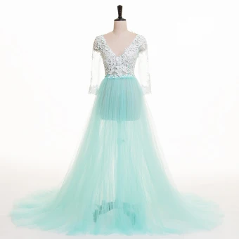 Chic Belle Bleu Été Robe De Soirée 2018 Princesse Percé En Dentelle Appliques V Cou 3 4 Manches Train De Balayage Robe De Ceremonie