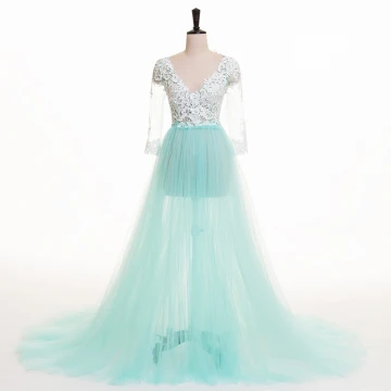 Chic Beautiful Pool Blue Summer Evening Dresses 2018 A Line Princess Pierced Lace Appliques V Neck 3 4 Sleeve Sweep Train Formal Dresses